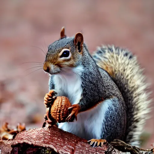 Image similar to A squirrel with a helmet made of acorn, real photo