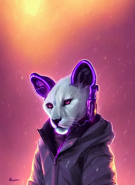 Image similar to award winning beautiful portrait commission of a male furry anthro albino mountain lion fursona with a tail and a cute beautiful attractive detailed furry face wearing stylish cyberpunk clothes in a cyberpunk city at night while it rains. Purple and Yellow neon light. Character design by charlie bowater, ross tran, artgerm, and makoto shinkai, detailed, inked, western comic book art