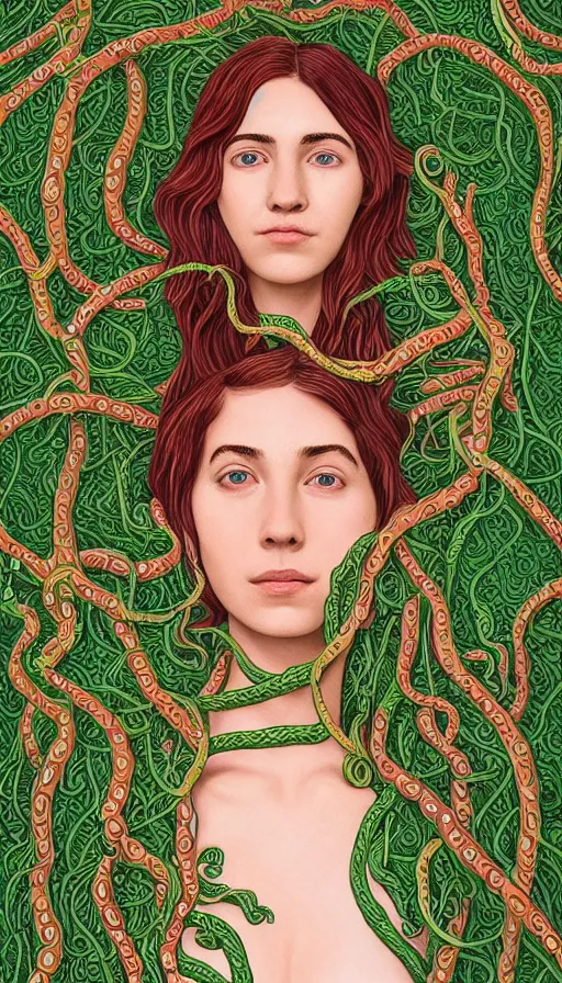 Prompt: very detailed portrait of a 2 0 years old girl surrounded by tentacles, the youg woman visage is blooming from fractal and vines, by wes anderson,