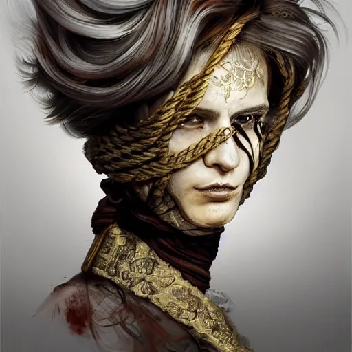 Image similar to portrait of a Shibari rope wrapped face and neck, headshot, insanely nice professional hair style, dramatic hair color, digital painting, of a old 15th century, old cyborg merchant, amber jewels, baroque, ornate clothing, scifi, realistic, hyperdetailed, chiaroscuro, concept art, art by Franz Hals and Jon Foster and Ayami Kojima and Amano and Karol Bak,