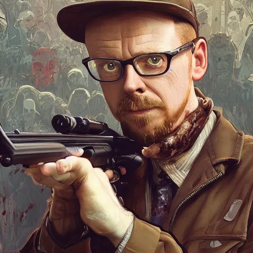 Image similar to portrait of simon pegg in the london of suburbs, winchester rifle, zombie apocalypse, joyful smirk, intricate, elegant, highly detailed, digital painting, artstation, concept art, matte, sharp focus, illustration, art by artgerm and greg rutkowski and alphonse mucha