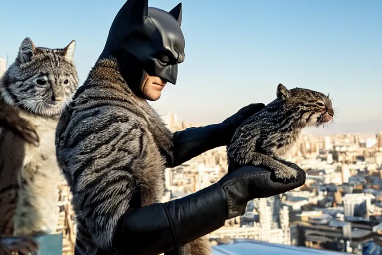 Image similar to Batman petting his Pallas cat on a rooftop, by Emmanuel Lubezki