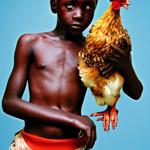 Prompt: an african boy holding a chicken from the movie tank girl, afrofuturism, by jamie hewlett and sawoozer and roger ballen,