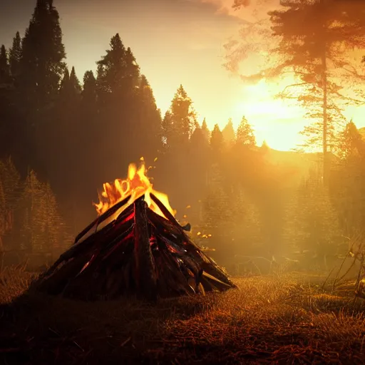 Prompt: a campfire in a surreal world, 8k resolution concept art hyperdetailed trending on Artstation Unreal Engine ominous photorealistic sunshine rays colourful beautiful bokeh ambient occlusion, dynamic lighting, stunning visuals, creative, concept art, trending on art station, ultra detailed