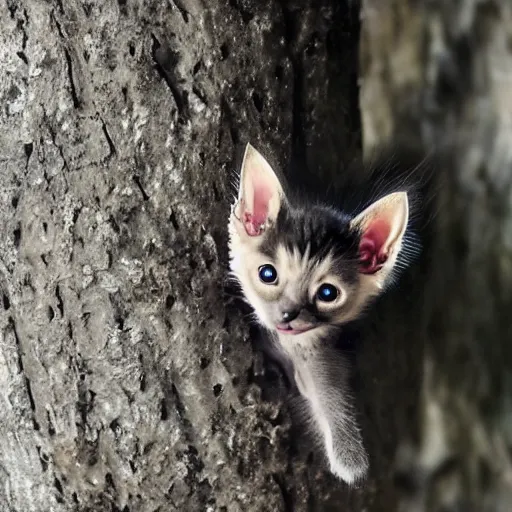 Image similar to a bat kitten, in a tree, wings folded, Nikon, telephhoto