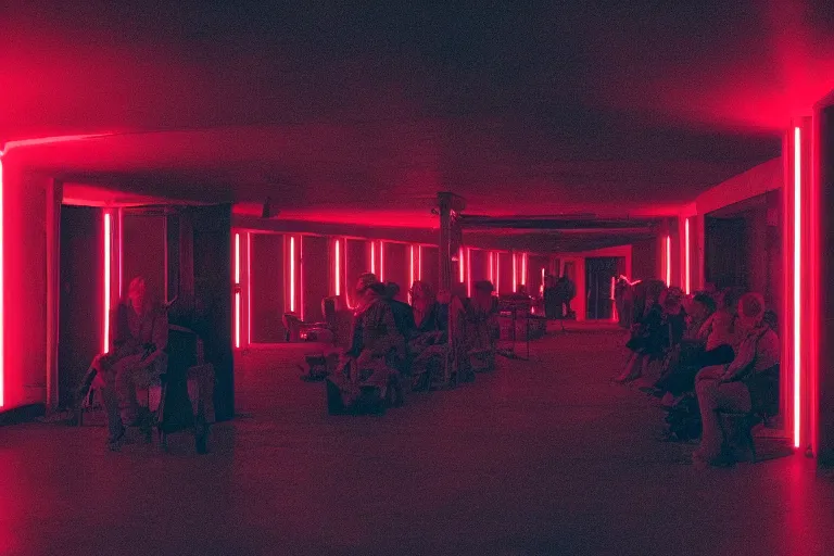 Image similar to a dark conference hall, half - full with people, atmospheric and obscure, red neon light, by roger deakins, cinematography, syd mead