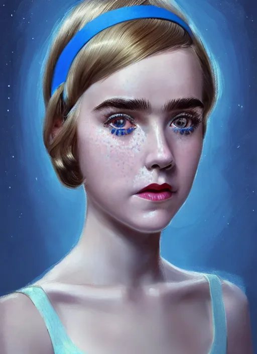 Image similar to portrait of kiernan shipka with freckles, white hair, big 1 9 6 0 s bob hairstyle with bangs and hairband, blue 1 9 6 0 s dress, intricate, elegant, glowing lights, highly detailed, digital painting, artstation, concept art, smooth, sharp focus, illustration, art by wlop, mars ravelo and greg rutkowski