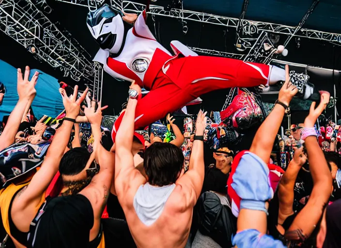 Image similar to photo still of putties from power rangers at the vans warped tour!!!!!!!! at age 3 6 years old 3 6 years of age!!!!!!!! stage diving into the crowd, 8 k, 8 5 mm f 1. 8, studio lighting, rim light, right side key light