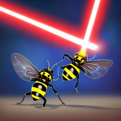 Prompt: a wasp and a bumble bee duelling with lightsabers