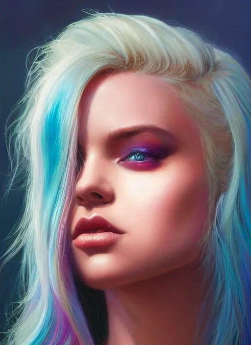 Image similar to girl with iridescent hair, beautiful highly detailed face, complementary lighting, backlit, eyeshadow, lipstick, divine, dramatic lighting, landscape background, beautiful painting by artgerm and greg rutkowski and raymond swanland