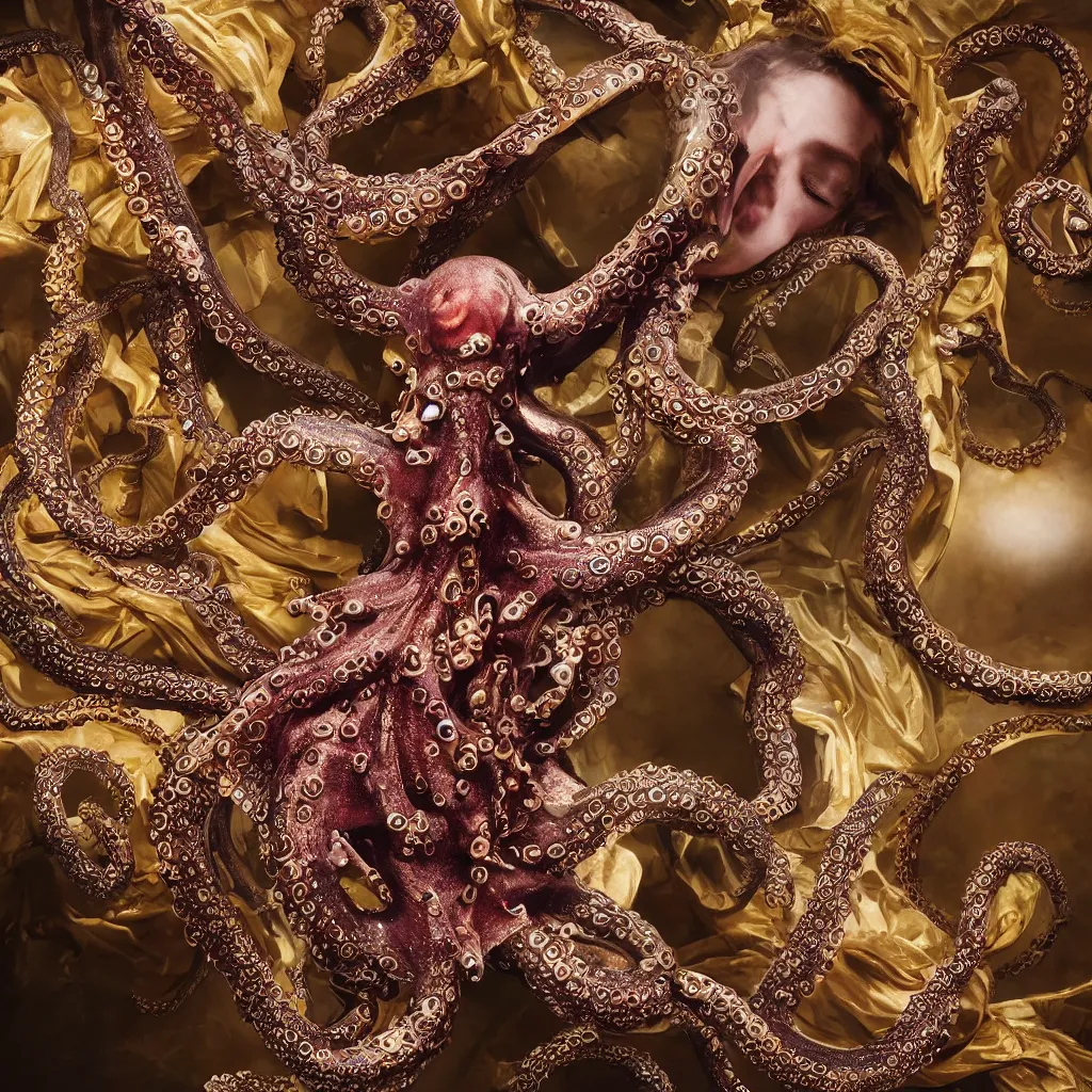 Image similar to a high-resolution color-chrome extreme closeup portrait photo of a octopus fighting a incredible elegant pale renaissance rococo Queen, with ornate jewelled, rococo Queen, sci-fi, high-tech, beautiful low light, style Steve McCurry Octane render 8k