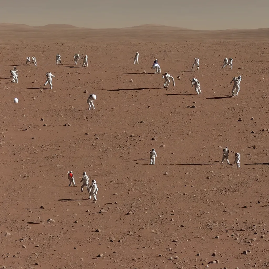 Image similar to astronauts playing soccer match on mars