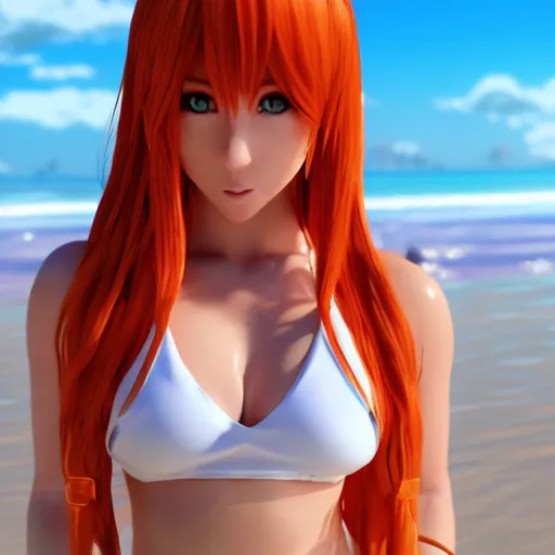 Image similar to render as a very beautiful 3d anime girl, short orange red hair, hazel eyes, full round face, short smile, white silver bikini, serene beach setting, cinematic lightning, medium shot, mid-shot, highly detailed, trending on Artstation, Unreal Engine 4k, cinematic wallpaper