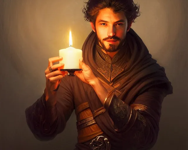 Image similar to a mind - blowing portrait of a fortune seeker male, holding a candle holder, wearing dark maritime clothing, intelligent, deep focus, d & d, fantasy, intricate, elegant, highly detailed, digital painting, artstation, concept art, matte, sharp, illustration, hearthstone, art by artgerm and greg rutkowski and alphonse mucha