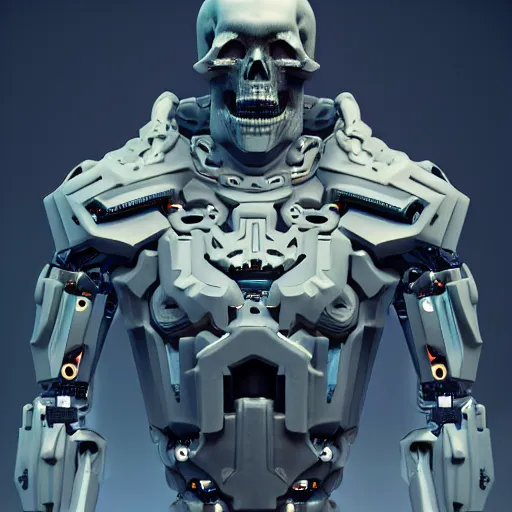 Image similar to cybernetic overlord of the demonverse, skull, upper torso included, medium shot, 1 0 0 mm lens, f 2. 8, hard surface, ceramics, reflections, ambient occlusion, raytracing, unreal engine 5, pixel art 8 - bit, by beeple