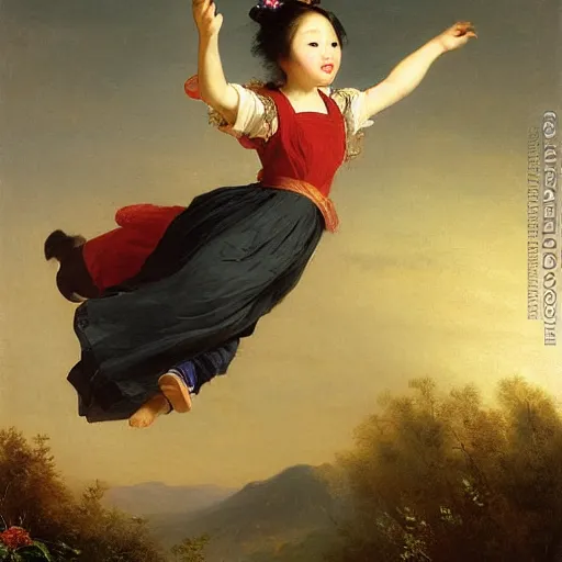 Image similar to a korean girl jumping over a bonfire by franz xaver winterhalter