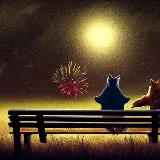 Image similar to two wolves wearing T-shirts sitting on a bench in a park at night watching fireworks, artstation, 4k