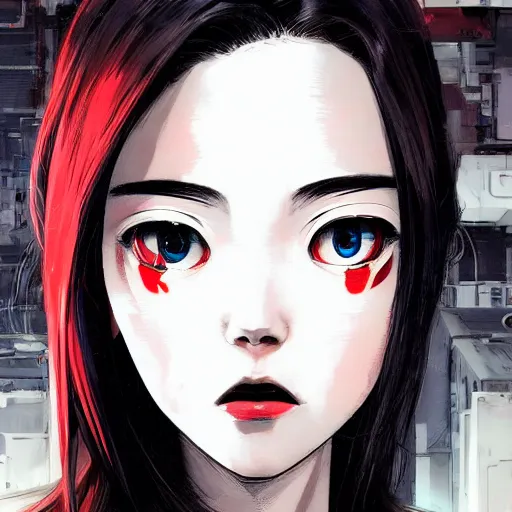 Image similar to A cyborg girl with big and cute red eyes, fine-face, realistic shaded perfect face, fine details. red, black and white robotic parts. Very very anime. Realistic shaded lighting poster by Ilya Kuvshinov katsuhiro otomo ghost-in-the-shell, magali villeneuve, artgerm, Jeremy Lipkin and Michael Garmash, Rob Rey and Kentarõ Miura style, trending on art station