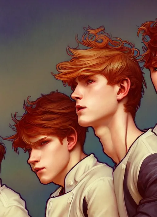 Prompt: close up portrait of mischievous male teen triplets, blond boy, brunette boy and redhead boy, random chef attire by artgerm, cushart krenz, greg rutkowski, mucha. art nouveau. gloomhaven, tropical atmosphere, natural tones, vibrant colors, sharp edges. ultra clear detailed. 8 k. elegant, intricate, octane render