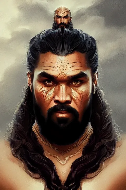 Image similar to beautiful, ethereal khal drogo portrait, intricate art deco dragon designs, elegant, highly detailed burning background, sharp focus, game of thrones art by artgerm and beeple and greg rutkowski and wlop