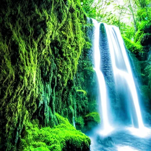 Prompt: photographic image of an underground city with a giant waterfall blue waterfall bursting through moss and greenery all about growing all over the walls