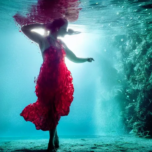 Image similar to woman dancing underwater wearing a dress made of seaweed that is flowing in the current, lighting with caustics from sunlight, cinematic, photorealistic