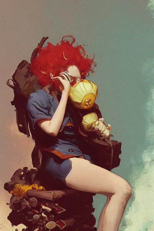 Prompt: creepy clown girl pondering nuclear destruction smoking a cigarette, highly detailed, digital painting, artstation, concept art, smooth, sharp focus, illustration, art by artgerm and greg rutkowski and alphonse mucha and loish and WLOP