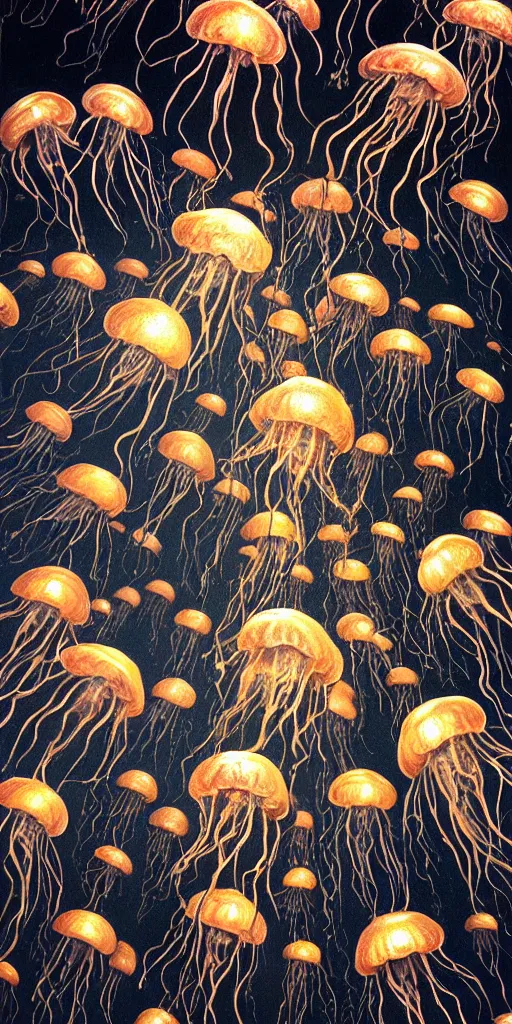 Image similar to baroque oil painting of a thousand little jellyfish flying through the sky!!! different realm, cinematic, dark fantasy, acrylic palette knife, high detail, hyper realism, ray tracing, 4 k resolution, 8 k resolution, full hd, neon, realistic painting by junji ito, laurie lipton and michael whelan