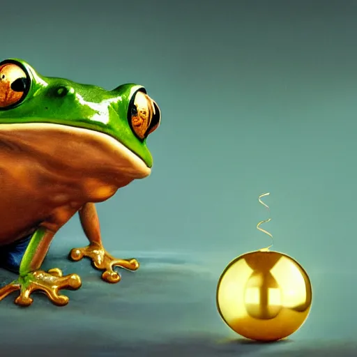 Image similar to a cute frog balances a golden metal ball on his head, by esao andrews, by m. w. kaluta, volumetric light, rich colors, very humorous oil painting, realistic reflections, smooth, concept art, depth perception, high depth of field, 4 k, unreal engine 5, ultradetailed, hyperrealistic, artstation