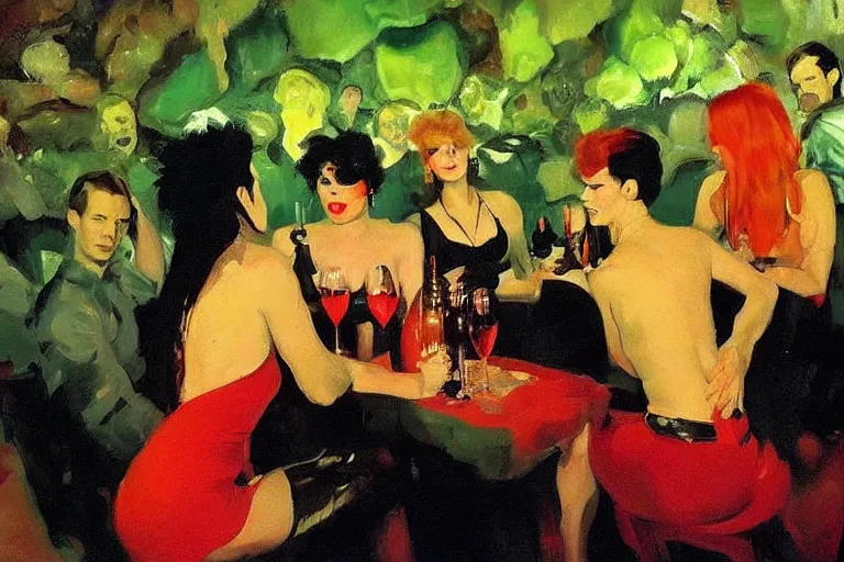 Image similar to glam rockers drinking brutal and raw wine, inside a green cave with red lights by joaquin sorolla, phil hale, extremely detailed