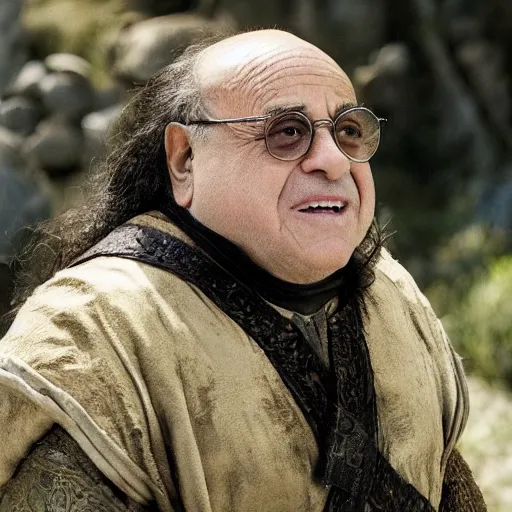 Prompt: movie still of danny devito starring as aragon in the 2 0 2 6 lord of the rings movie, with hat, full body