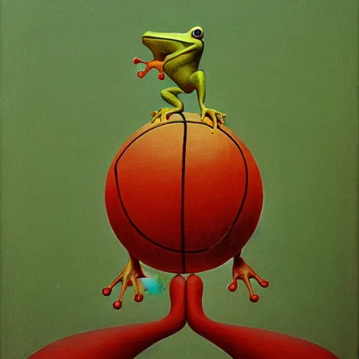 Image similar to a six foot tall anthropomorphic frog playing basketball, zdzisław beksinski