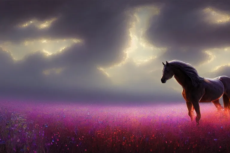 Image similar to a stunning digital painting of a horse with a mane of bioluminescent flowers running through a field of flowers by greg rutkowski, flowercore, volumetric light, digital art, fine detail, photorealistic