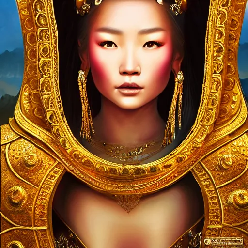 Image similar to beautiful closeup portrait of a gorgeous mongolian princess in a sensual pose covered with golden ornate armor, centered face, with full makeup, intricate, volumetric lighting, sharp focus, ultra detailed, artwork by bowater, charlie, brom, gerald, lake baikal in the background