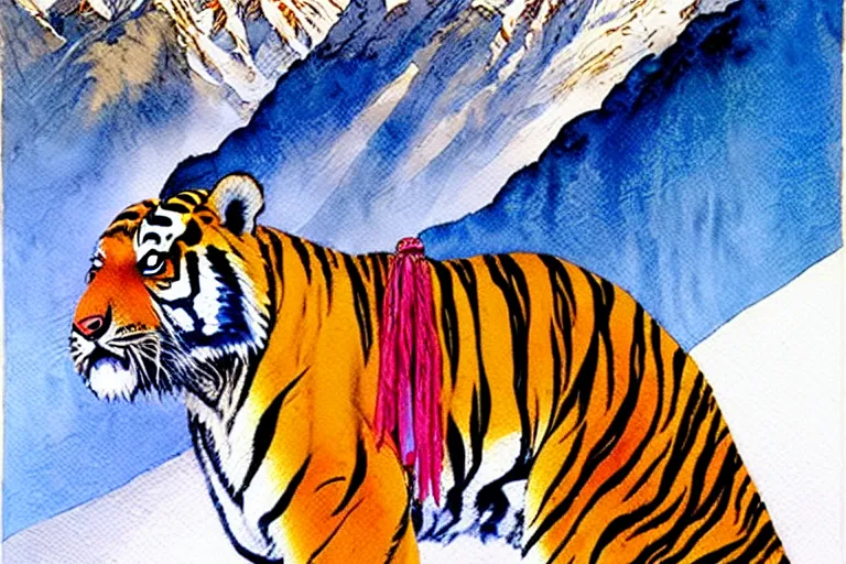 Image similar to a hyperrealist watercolour character concept art portrait of tibetan style tiger in the himalayans. prayer flags adorned. neon flowers. by rebecca guay, michael kaluta, charles vess and jean moebius giraud