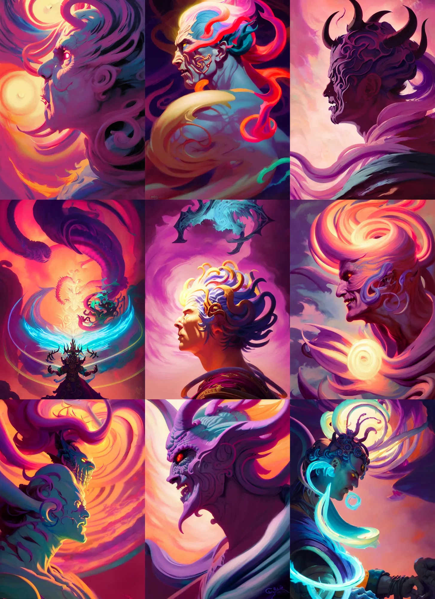 Prompt: side profile, chaotic demon god of destruction, gloomhaven, luminescent, colorful swirly magic ripples, pastel colors, by greg manchess, huang guangjian, gil elvgren, sachin teng, greg rutkowski, jesper ejsing, ilya kuvshinov