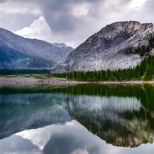 Image similar to beautiful still lake with reflective water,rocks in water, low mountains and beautiful far clouds