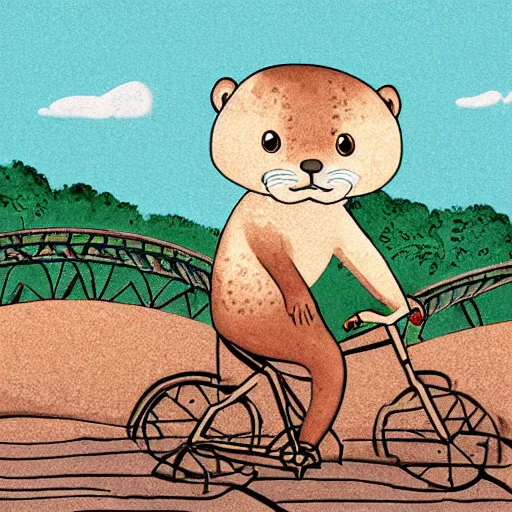 Image similar to storybook illustration of an otter riding a bicycle over a bridge