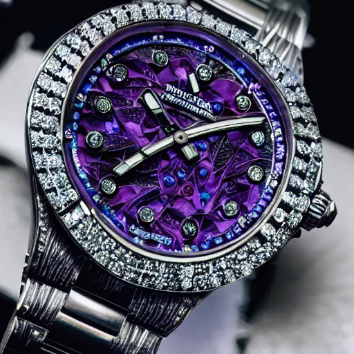 Image similar to vvs diamond alexandrite sapphire watch, intricate design, rolex, cogs and gears, steampunk watch, bejeweled beautiful watch, richard mille, promotional photo, 8 k photography