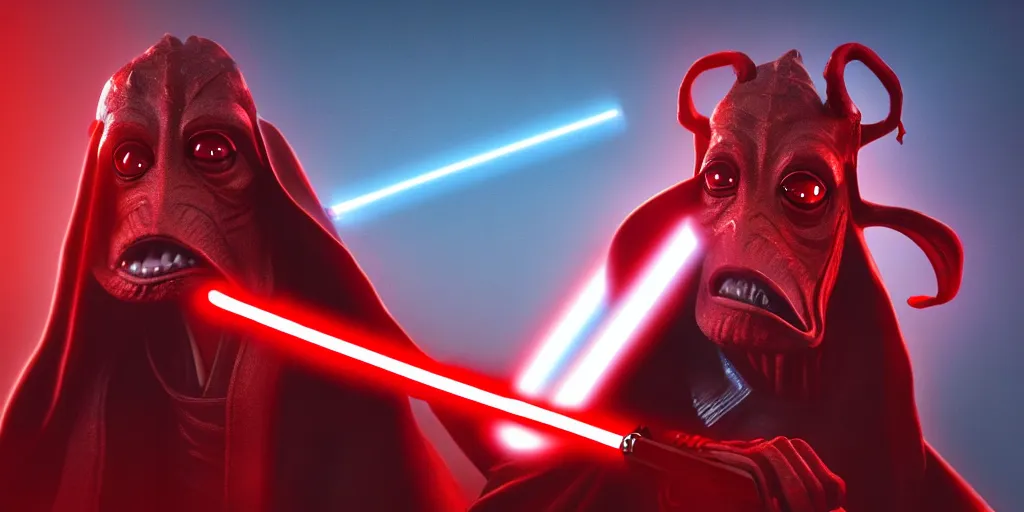 Image similar to jar jar binks as a sith lord, holding a red lightsaber, in the style of artstation, 4 k