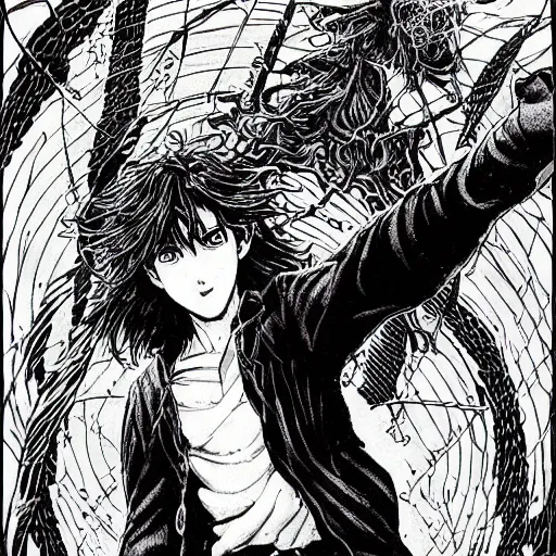 Image similar to pen and ink!!!! attractive 22 year old Gantz monochrome!!!! Frank Zappa x Daniel Radcliff highly detailed manga Vagabond!!!! telepathic floating magic swordsman!!!! glides through a beautiful!!!!!!! battlefield magic the gathering dramatic esoteric!!!!!! pen and ink!!!!! illustrated in high detail!!!!!!!! graphic novel!!!!!!!!! by Frank Miller and Hiroya Oku!!!!!!!!! MTG!!! award winning!!!! full closeup portrait!!!!! action manga panel