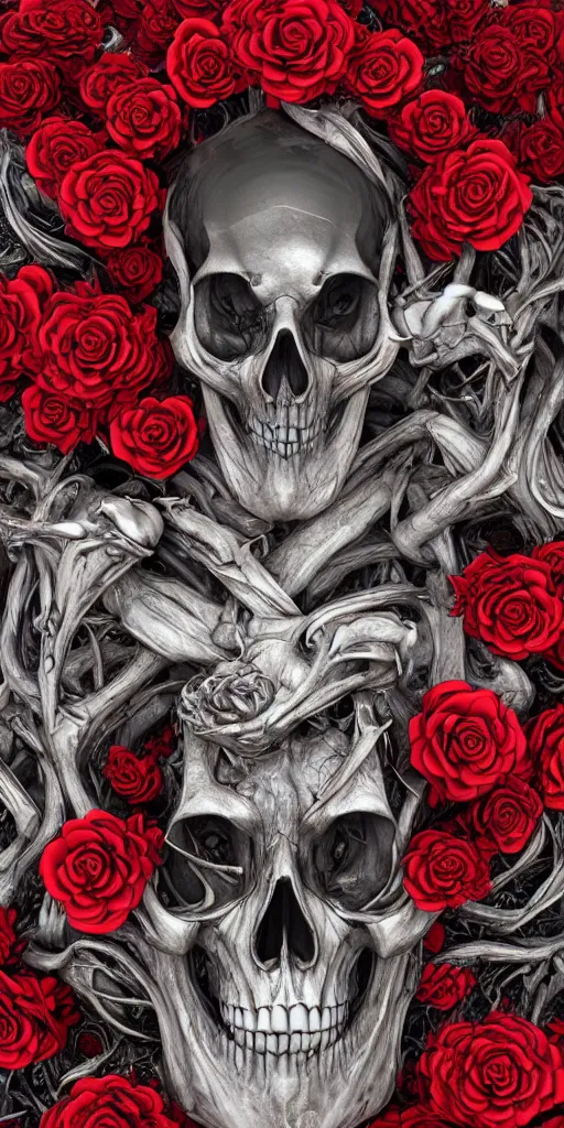 Image similar to skull made of red roses, organic horror, devil, death, giger, epic, baroque, art nouveau, james jean, photorealistic render, 3 ds max + v - ray, extremely detailed and intricate, center composition, elegant, vfx, unreal engine 5, octane render, extremely contrast, extremely sharp lines