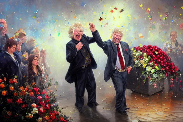 Image similar to portrait of rip taylor throwing confetti during a funeral service, an oil painting by ross tran and thomas kincade