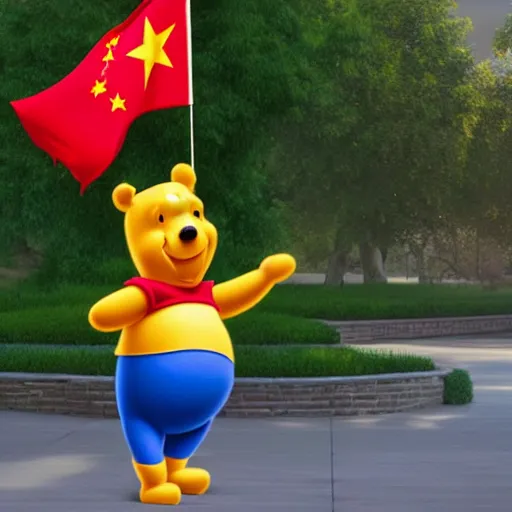 Prompt: photorealistic 3 d render of winnie the pooh saluting the chinese flag