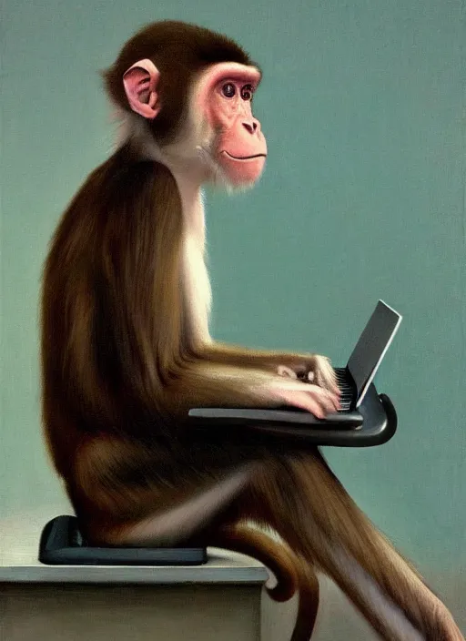 Prompt: medium shot, cinematic, cute realistic oil painted monkey is typing on the vintage keyboard, enhancements, soft lighting, by john ward, by arthur walker, by vermeer, by monet, oil on canvas, royal academy, masterpiece, trending on artstation, cinematic composition, dramatic pose, beautiful lighting, sharp, details, hyper - detailed, hd