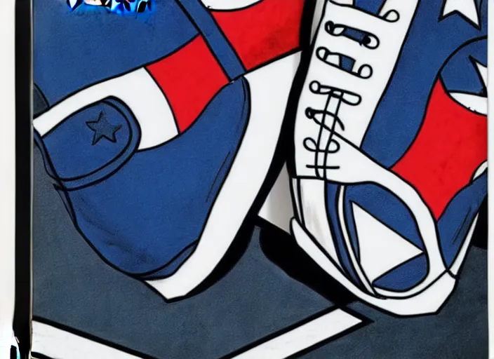 Image similar to sneakers of captain america by tim burton, view from the side, comics book cover style