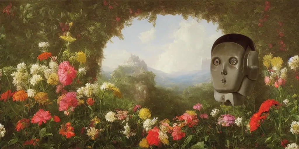 Image similar to a wide angle painting by Thomas Cole of a robot head with flowers growing out, highly detailed, masterpiece