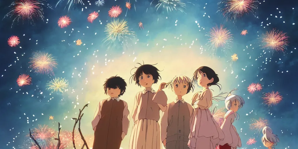 Image similar to the girl and the fireworks. Anime visual of a cozy village in a magical forest. cheerful and peaceful mood. illustrated by Hayao Miyazaki. anime production by Studio Ghibli. high quality, visually stunning, majestic, fall, official media