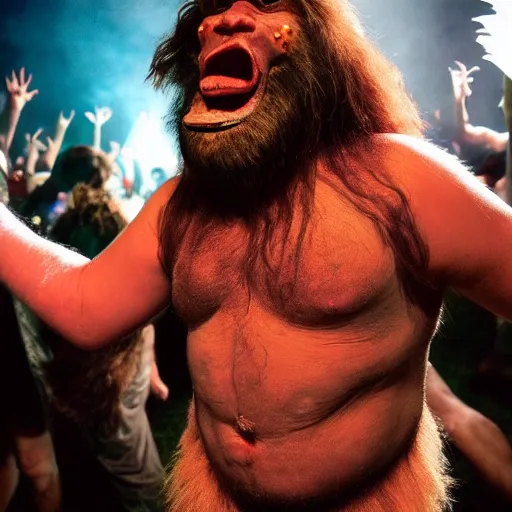 Prompt: photo of a neanderthal caveman at a rave