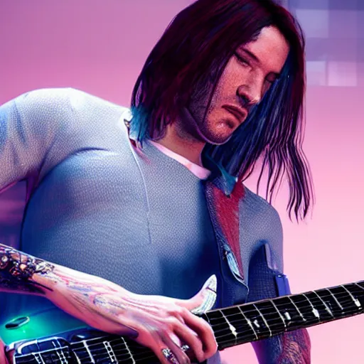 Prompt: John frusciante playing his guitar hyperdetailed photorealism Cyberpunk 2077 unreal engine 5 4k very high quality surrealism